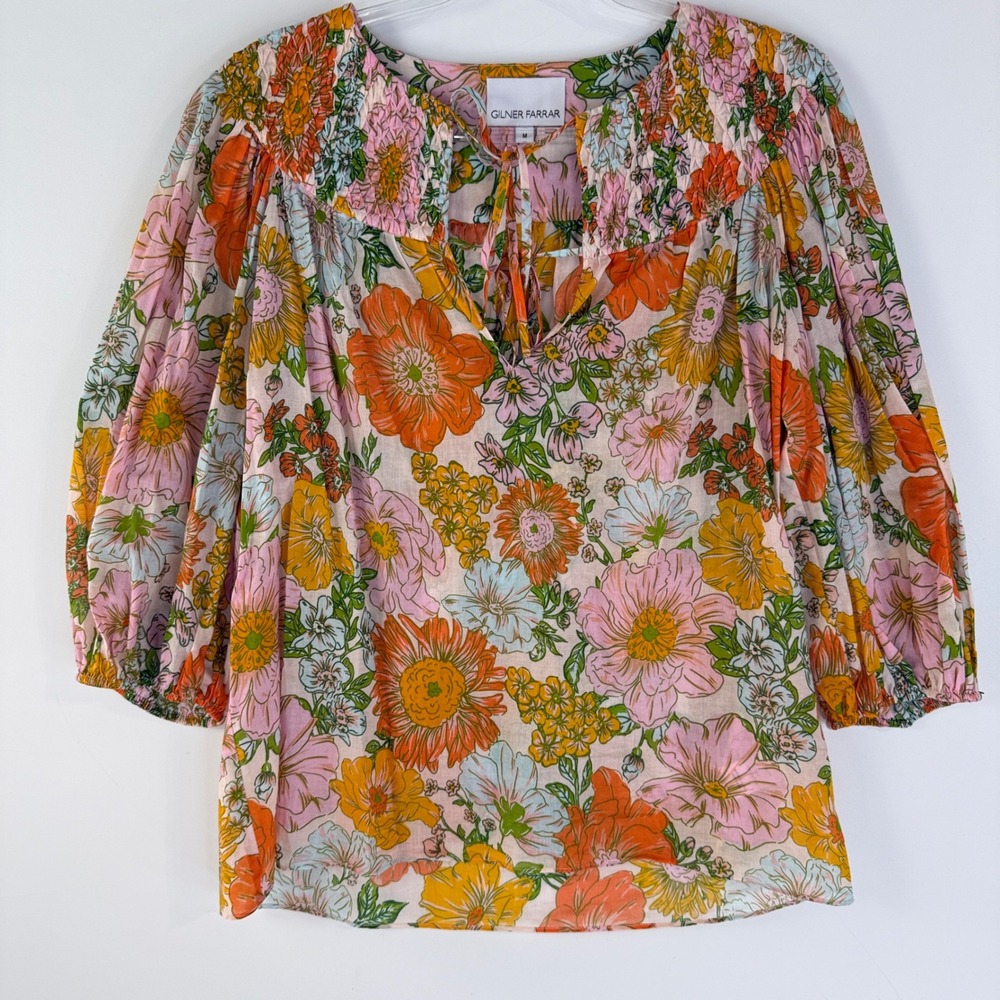 Gilner Farrar Blouse Womens M Multicolor Floral Smocked Puff Sleeve GF126CVO